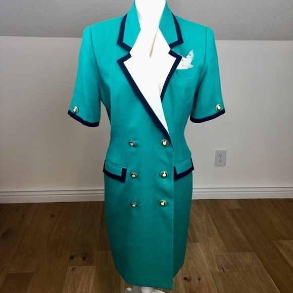 Vintage Turquoise Midi Dress with Navy Trim - Picture 2 of 12